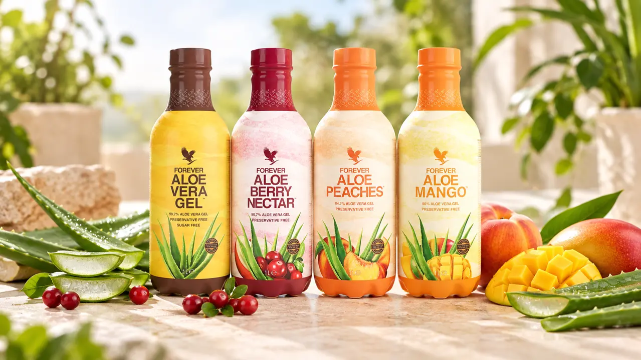 Čtyři varianty aloe vera nápojů Forever Living v přírodním prostředí