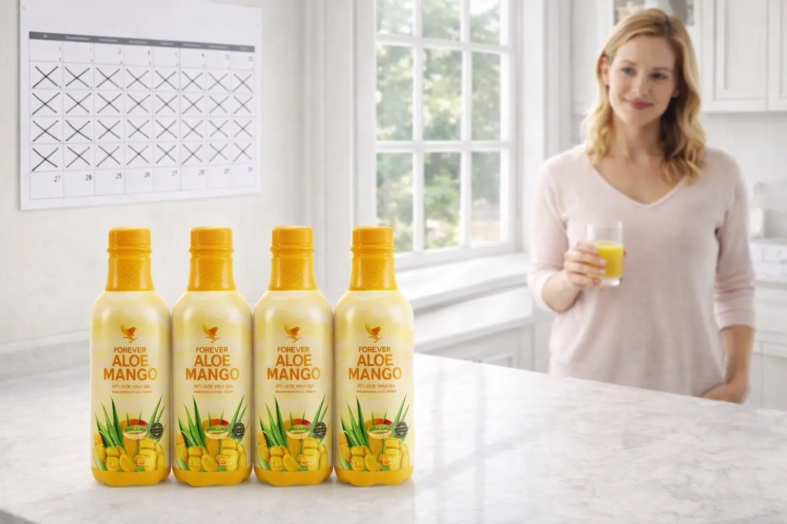 Čtyři lahve Forever Aloe Mango v balení 4-Pack