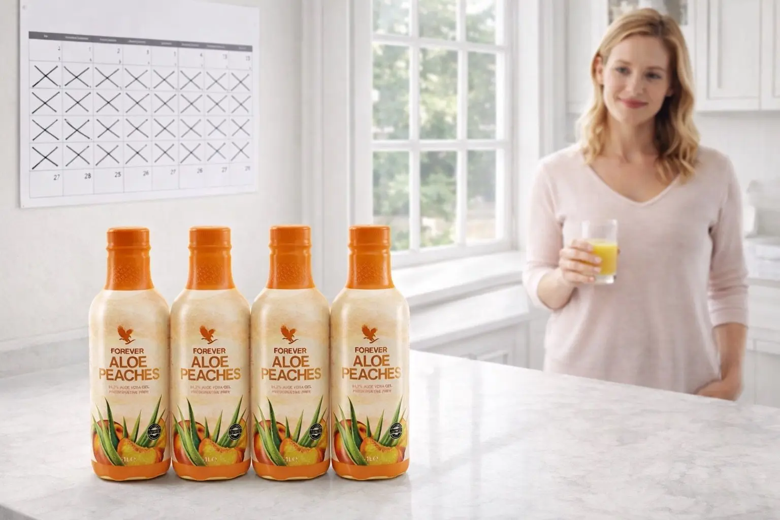 Čtyři lahve Forever Aloe Peaches v balení 4-Pack