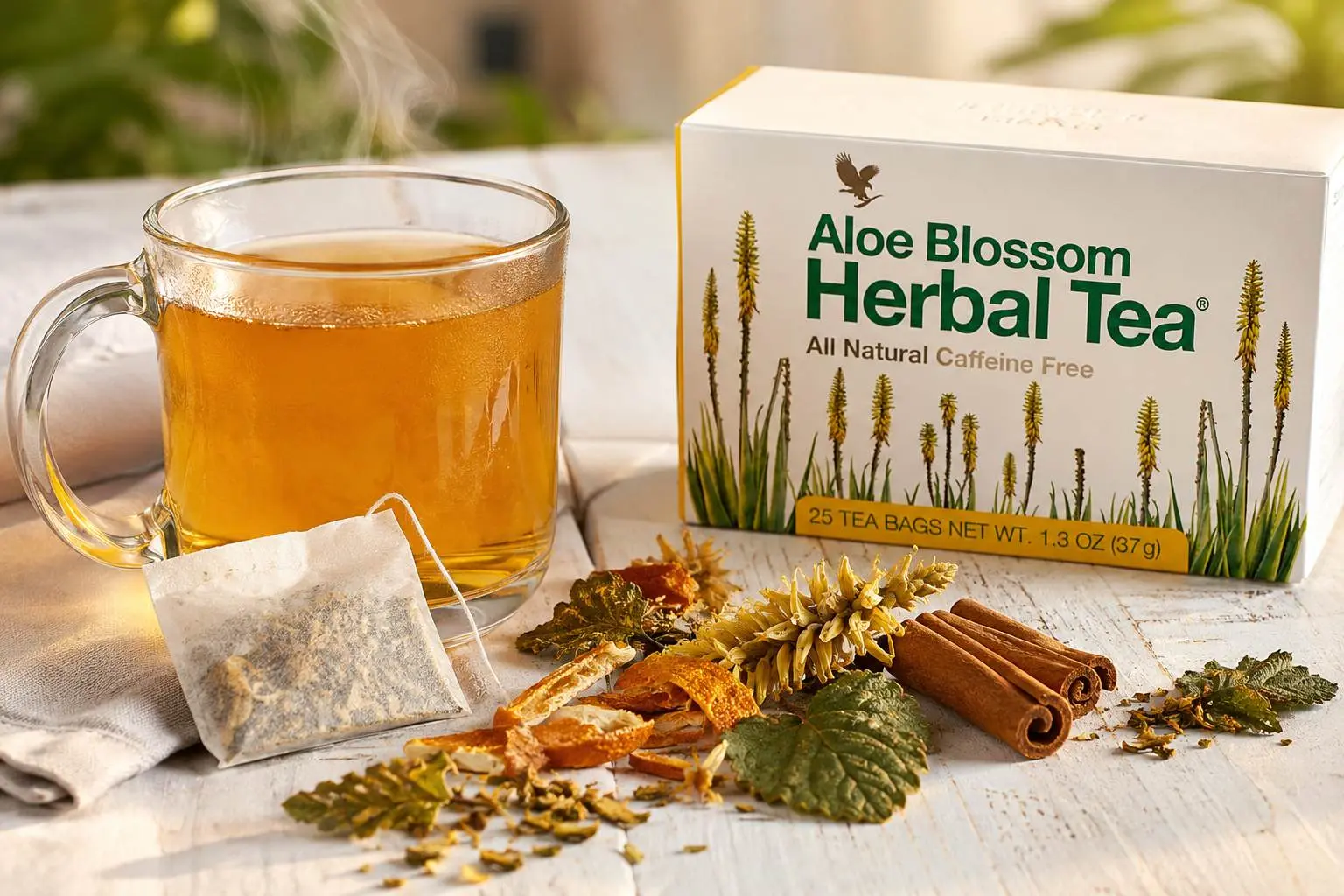 Aloe Blossom Herbal Tea s hrnkem čaje, kořením a bylinami