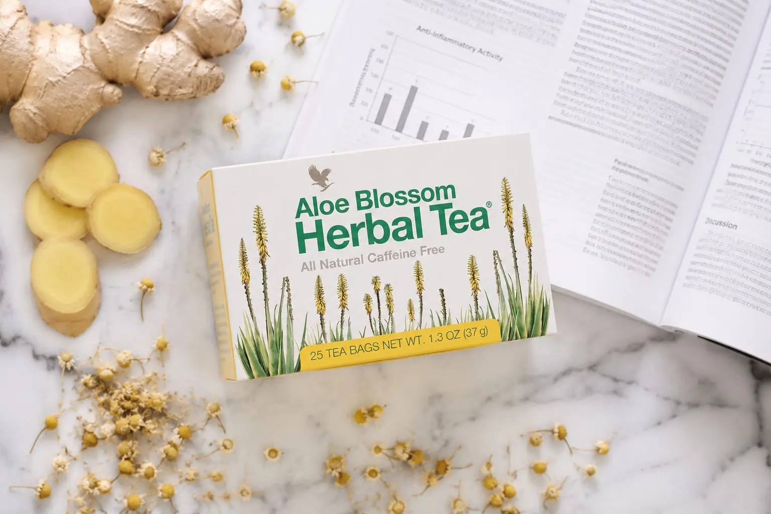 Aloe Blossom Herbal Tea se zázvorem, heřmánkem a čajovou směsí