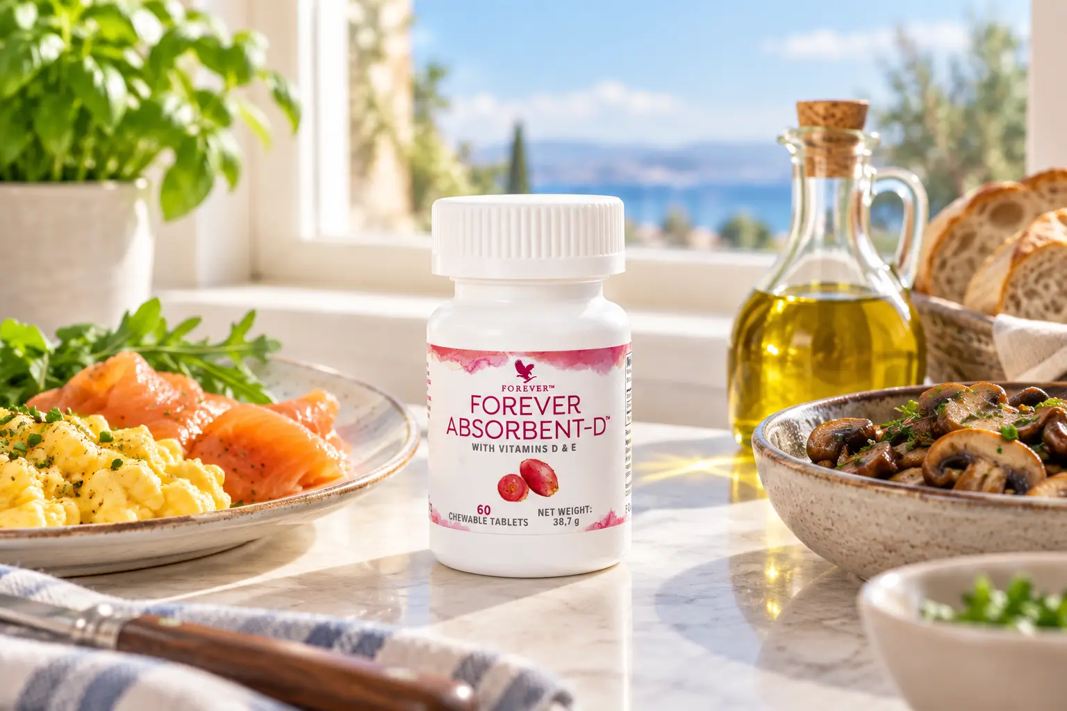Forever Absorbent-D se zdroji vitaminu D na slunném stole