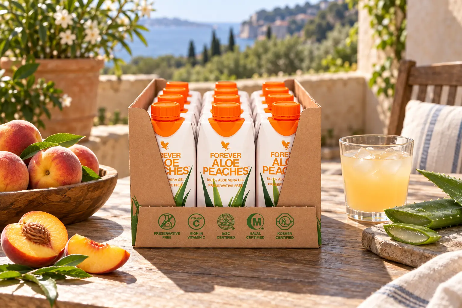 Forever Aloe Peaches 12 × 330 ml v broskvové terasové scéně