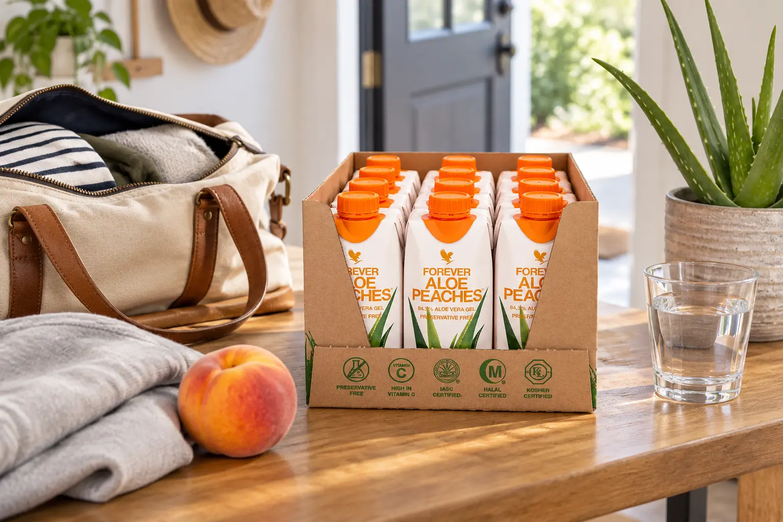 Forever Aloe Peaches 12 × 330 ml připravený do cestovní tašky