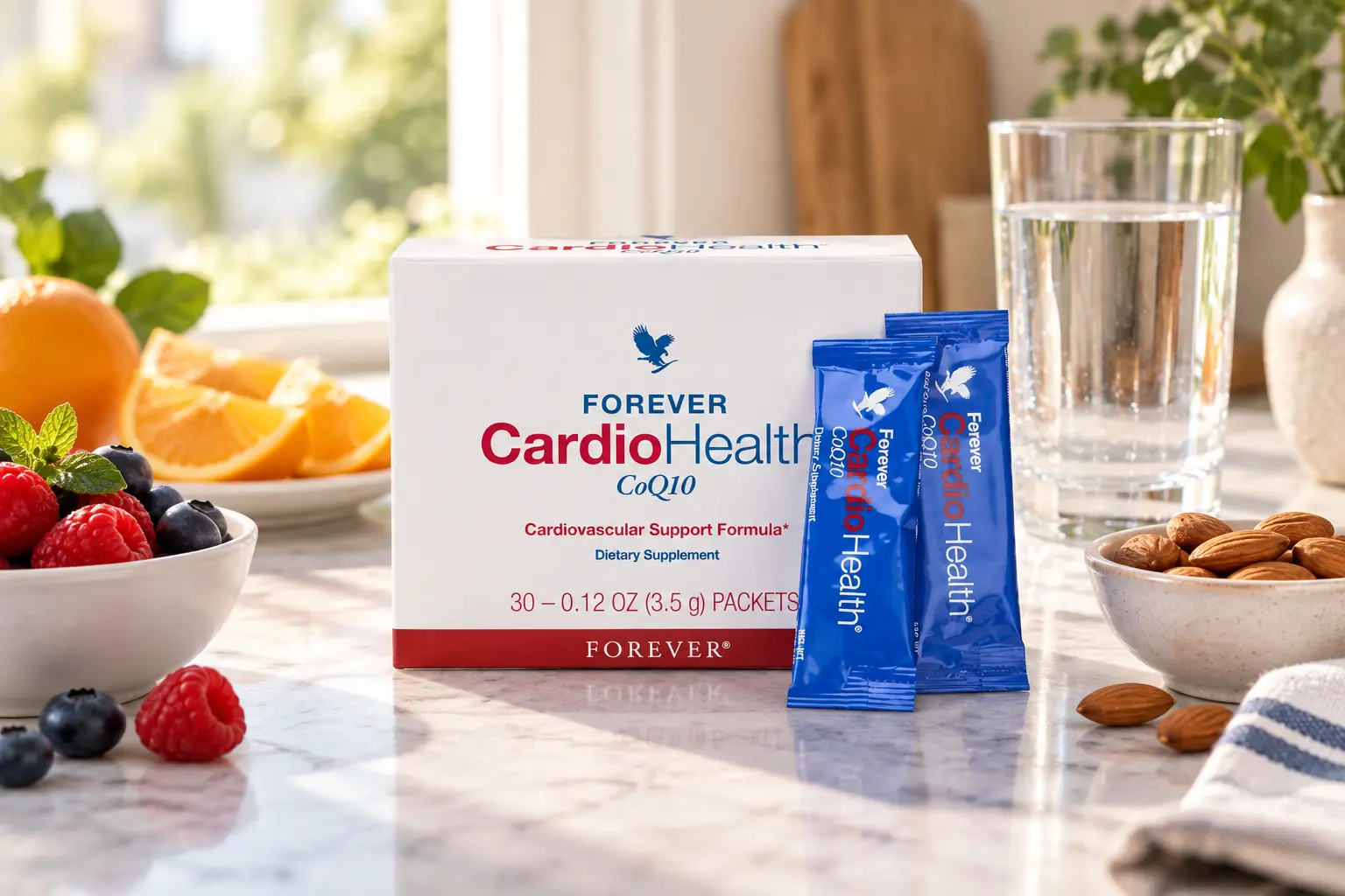 Forever CardioHealth připravený vedle sklenice vody a snídaně