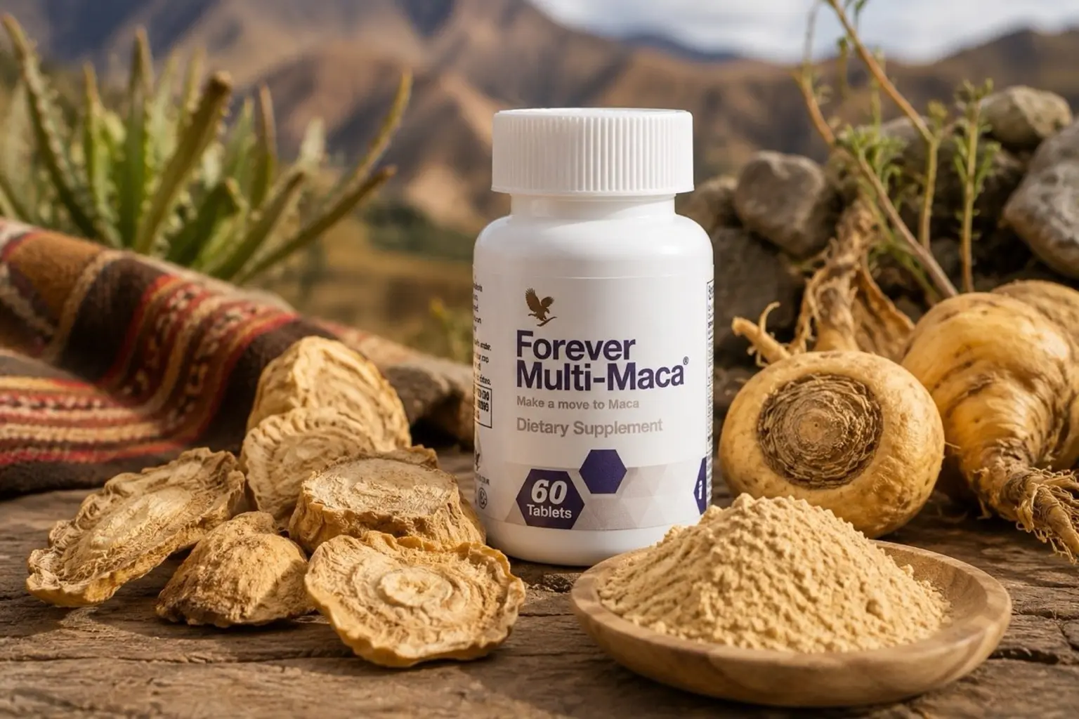 Forever Multi-Maca s kořenem maca v přirozené scéně