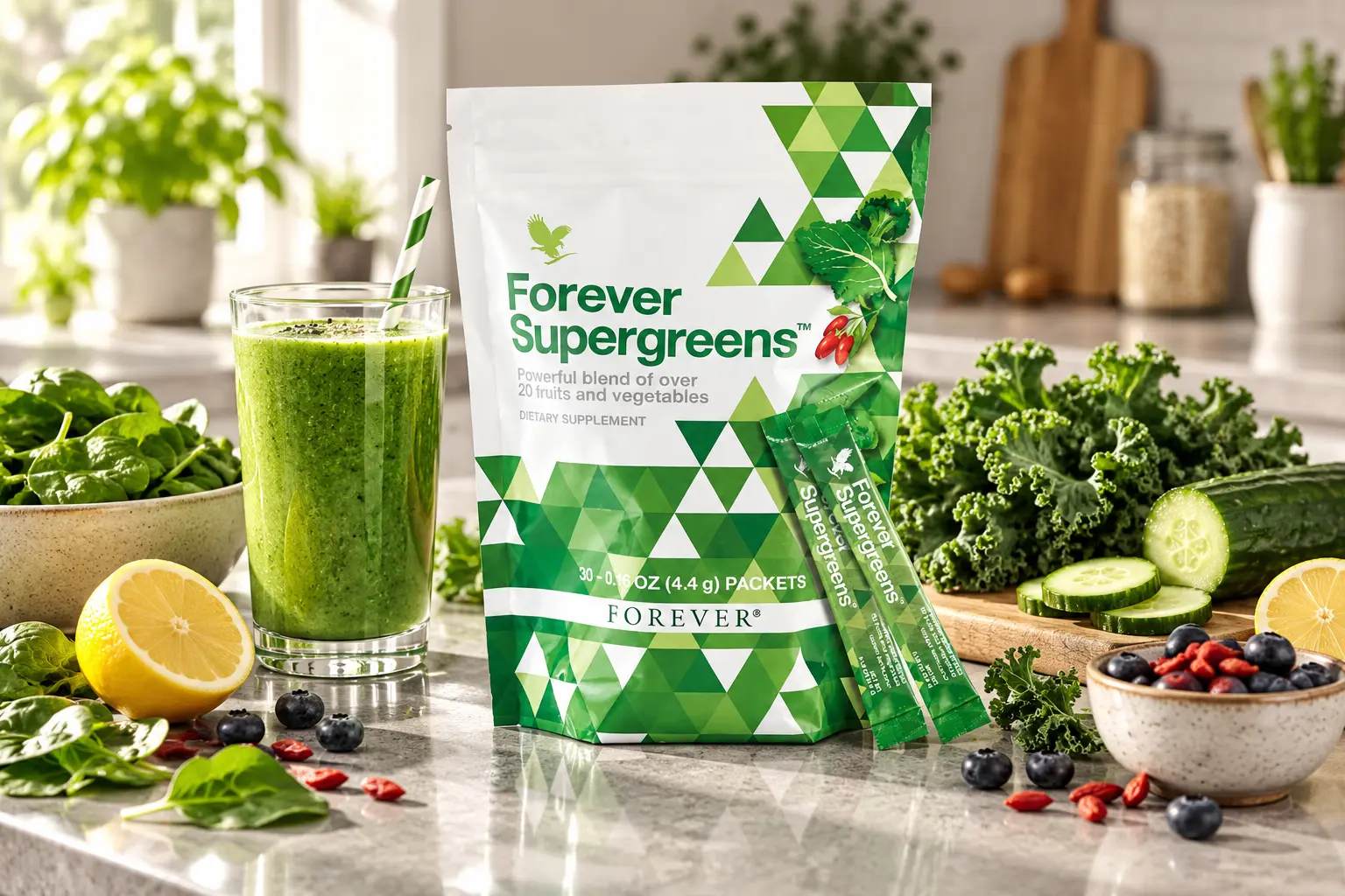 Forever Supergreens přirozeně v zelené kuchyňské scéně