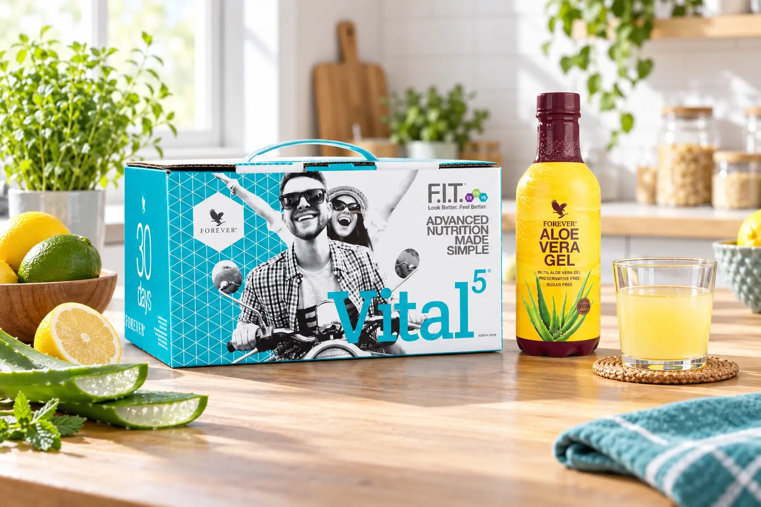 Vital5 s Forever Aloe Vera Gel v produktové a každodenní scéně