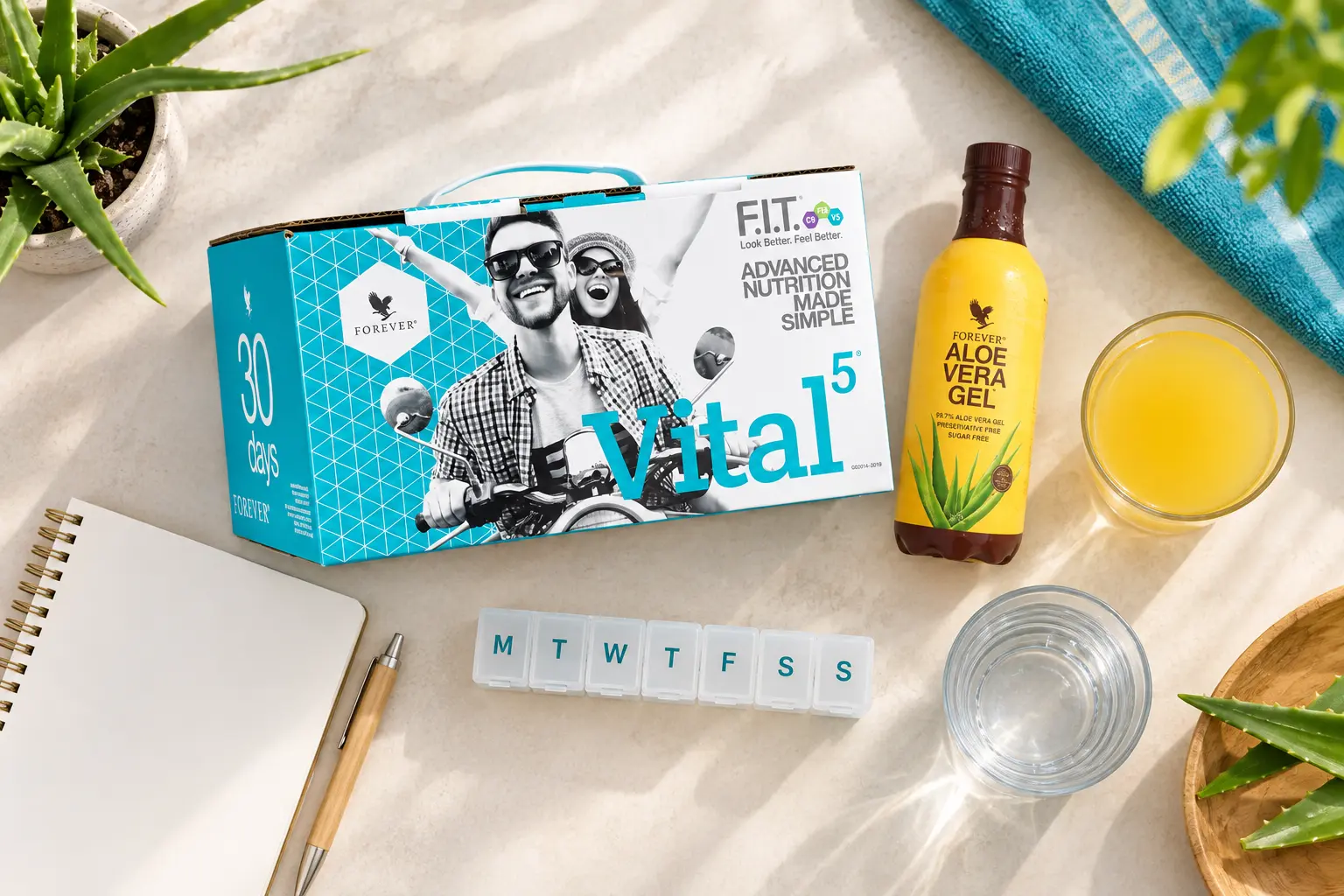 Vital5 s Forever Aloe Vera Gel v produktové a každodenní scéně