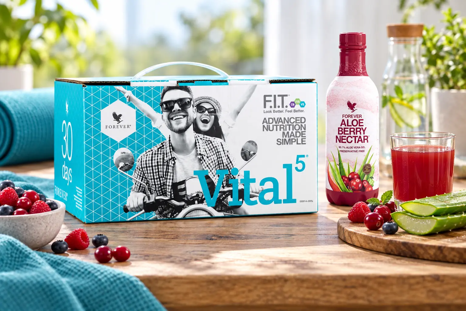 Vital5 s Aloe Berry Nectar v produktové a každodenní scéně